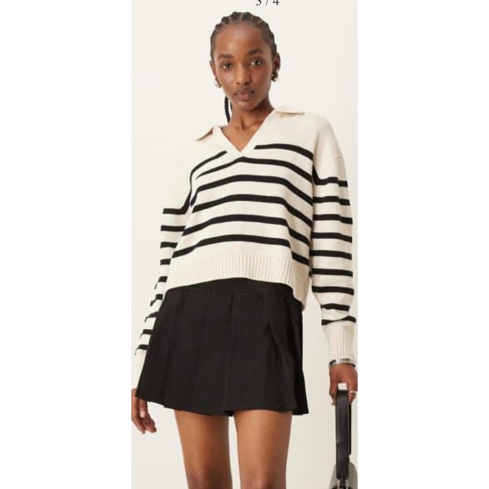 Pimkie Collection Striped Collared Knit Sweater Womens Size S Cream‎ Navy